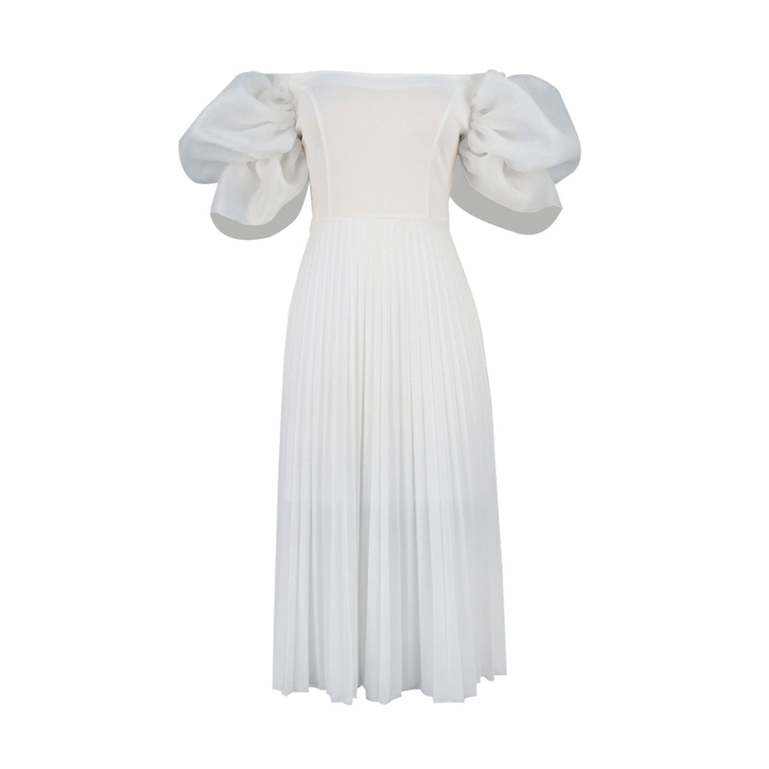 Damen elegantes Midikleid mit Puffärmeln und plissiertem Rock EB