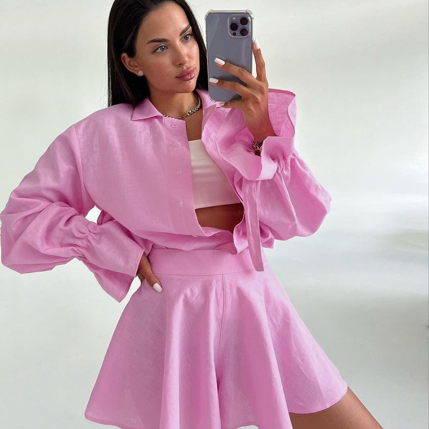 Damen Modisches Freizeit-Outfit mit ballongeschlossenen Ärmeln und Wickelrock EB