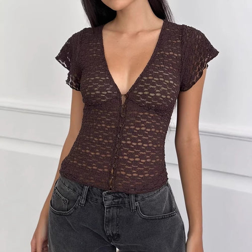Damen Verspieltes Spitzenoberteil mit fließendem Design und kurzen Puffärmeln EB