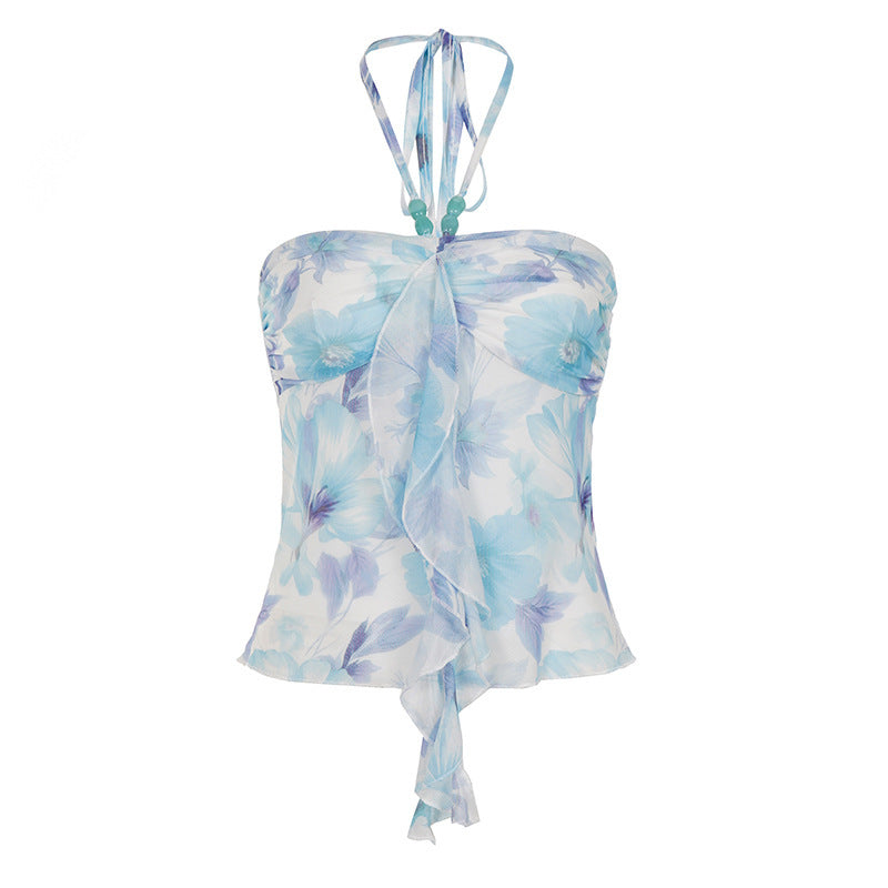 Damen Spaghetti-Trägertop mit floralen Einsätzen und transparenten Rüschen EB