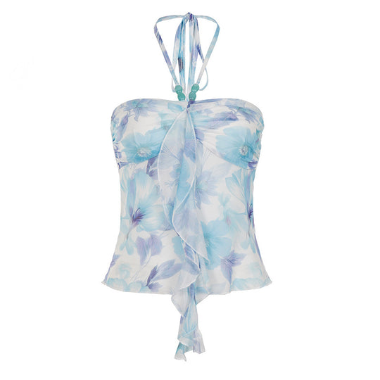Damen Spaghetti-Trägertop mit floralen Einsätzen und transparenten Rüschen EB
