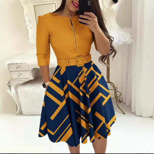 Damen Midikleid mit geometrischem Schnitt und tailliertem Gürtel EB