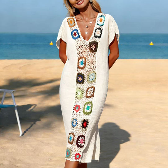 Damen Strandkleid mit floralen Häkelelementen EB