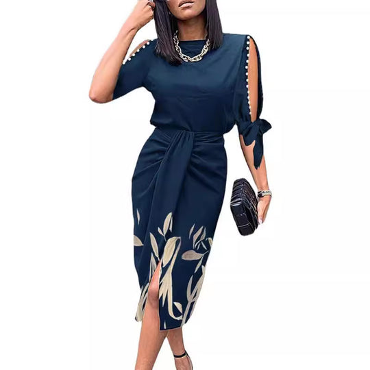 Damen Midikleid mit elegantem Bindegürtel und modischen Cut-Out-Ärmeln EB