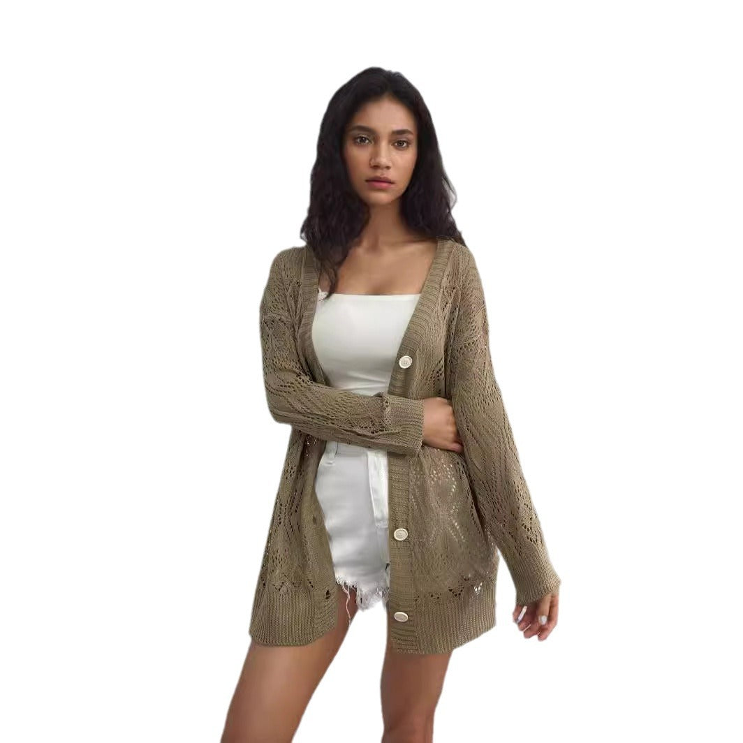 Damen Strickjacke mit kunstvollem Lochmuster und praktischen Knopfdetails EB