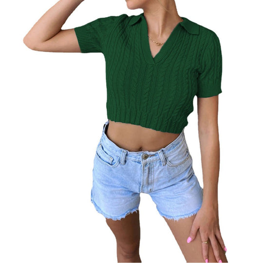 Damen Kurzarm-Pullover mit V-Ausschnitt und edler Kabelmusterstruktur EB