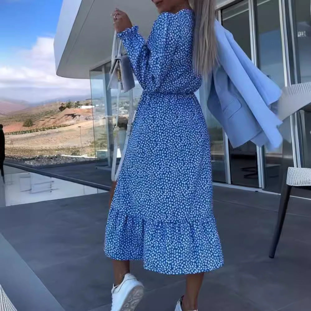 Damen nan Midikleid mit V-Ausschnitt geraffter Taillennaht langen Ärmeln Volant-Saum und seitlichem Beinschlitz EB