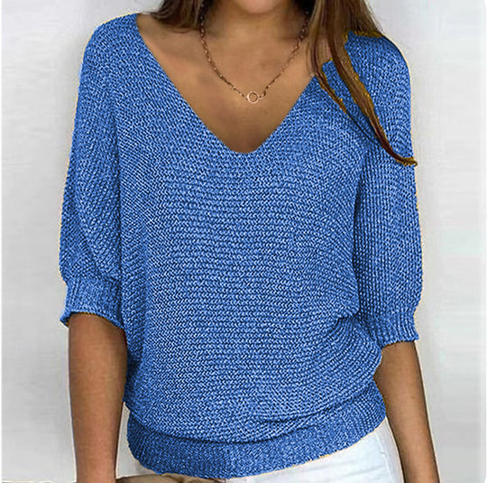 Damen nan lässiger Strickpullover mit V-Ausschnitt und Fledermausärmeln EB