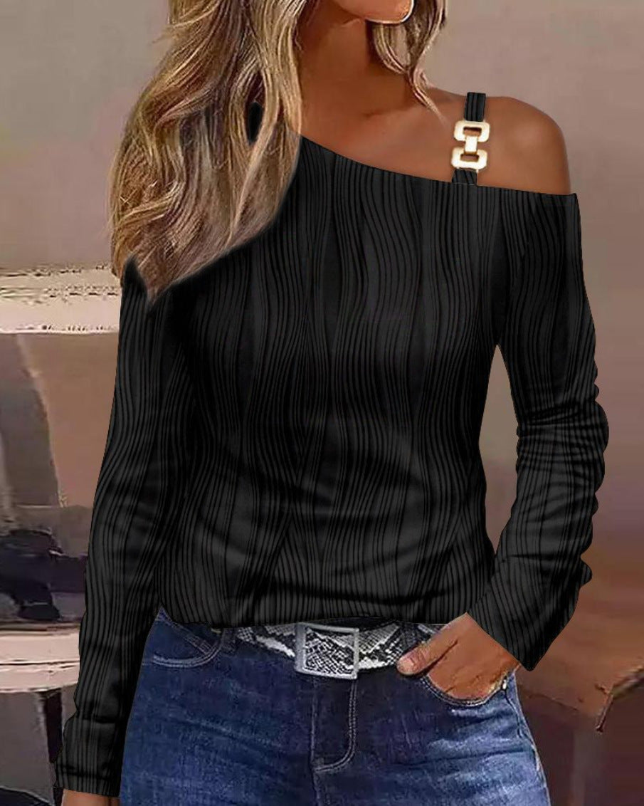 Damen Off-Shoulder Oberteil mit modischem Muster und dekorativen Trägern EB