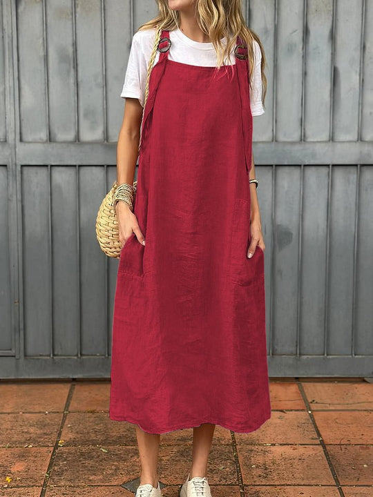Damen lässiges Leinenkleid mit praktischen Taschen und verstellbaren Trägern EB