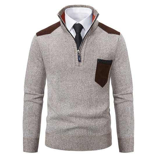 Herren nan Feinstrick-Halbzip-Pullover mit Stehkragen, Brusttasche und Schulterbesatz EB