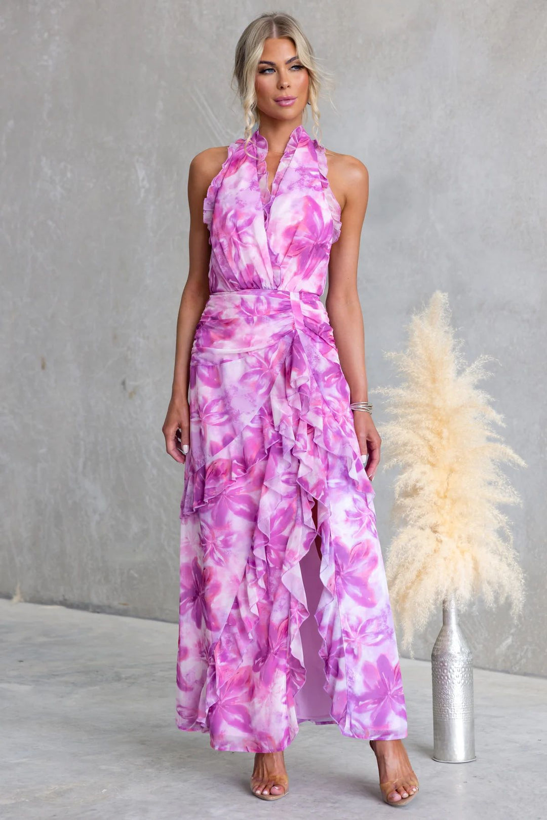 Damen Maxikleid mit fließendem Design und Rüschendetails EB