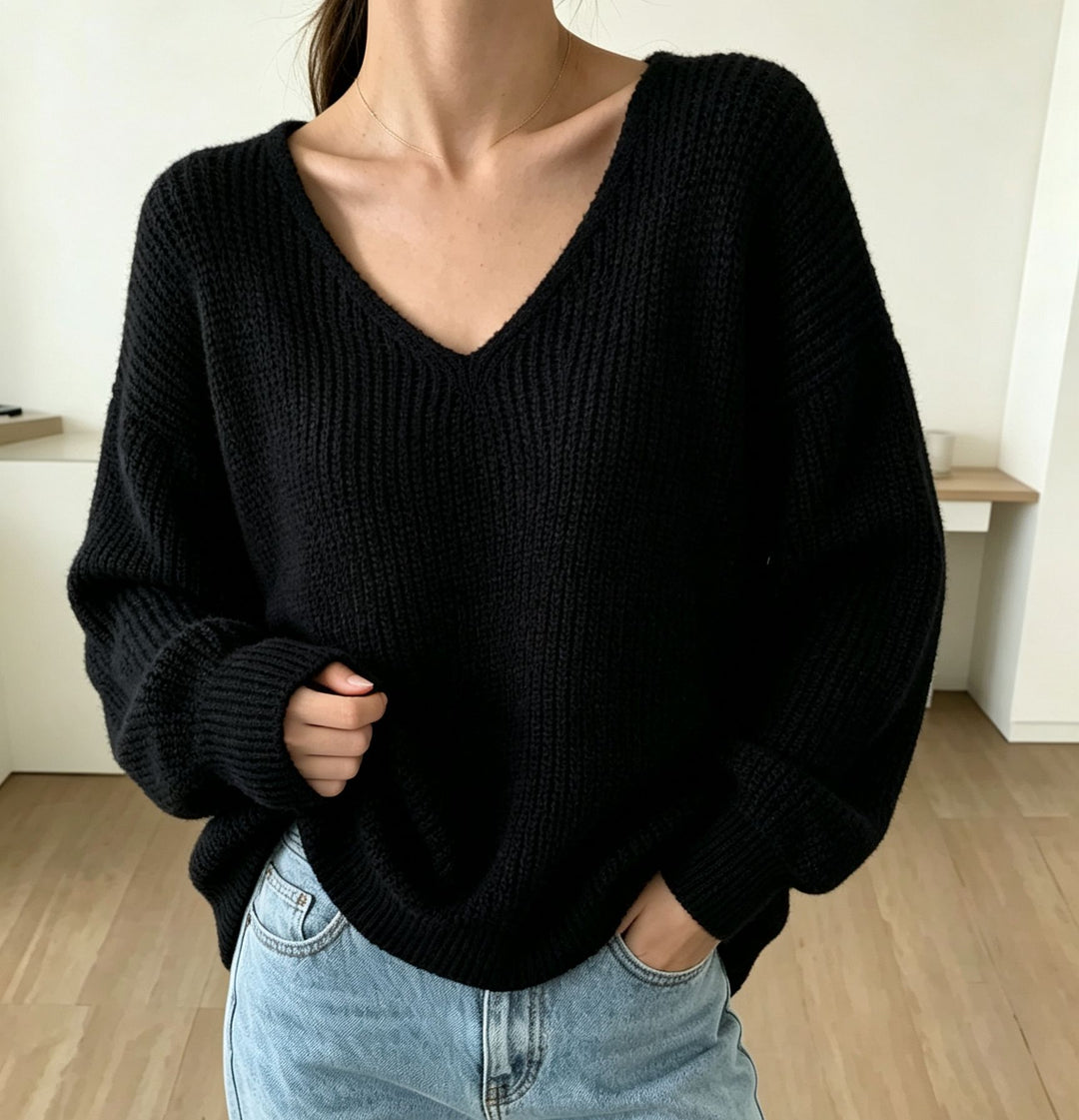 Damen Lässiger Boxy-Grobstrickpullover mit V-Ausschnitt und gerippten Bündchen EB