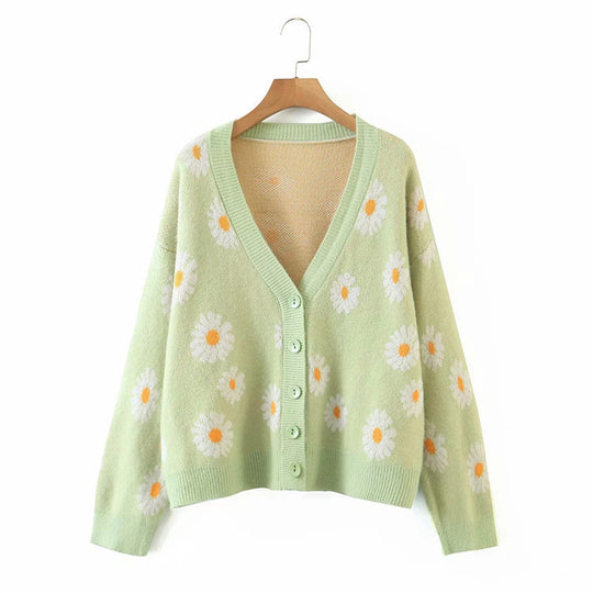 Damen Strickjacke mit Blumenmuster und V-Ausschnitt EB