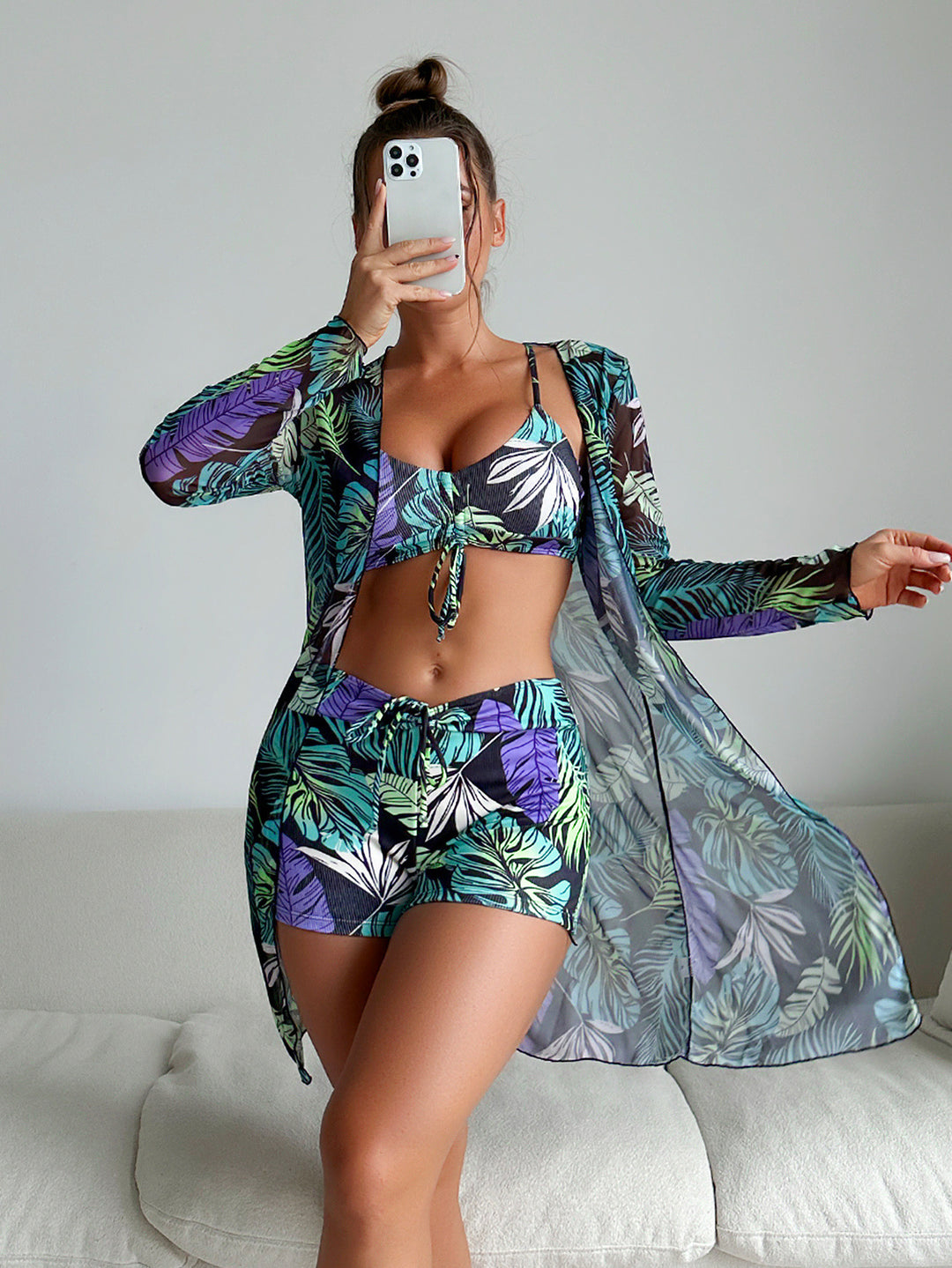 Damen Bikiniset mit luftiger Wickeljacke und floralem Muster EB