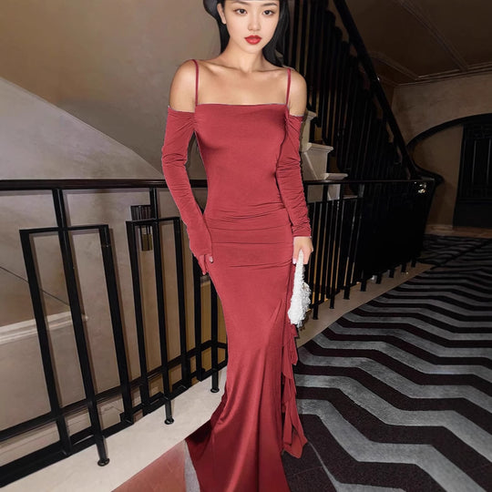 Damen Elegantes langärmliges Maxikleid mit asymmetrischem Saum und Rüschendetails EB