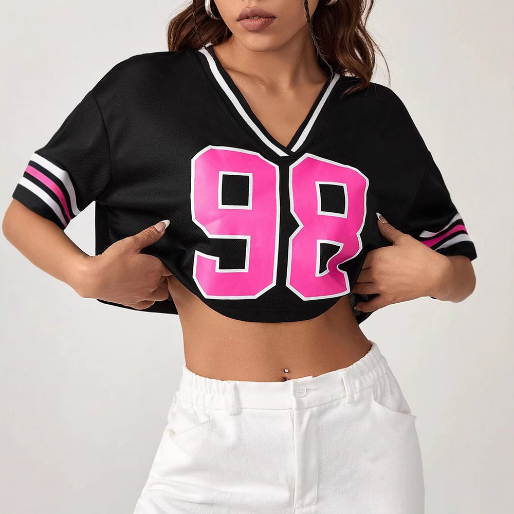 Damen Crop-Top mit sportivem V-Ausschnitt und grafischem Druck EB