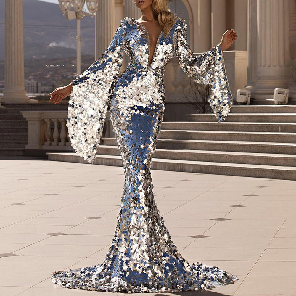 Damen Glamouröses Pailletten Abendkleid mit tiefem V-Ausschnitt und langen Ärmeln EB