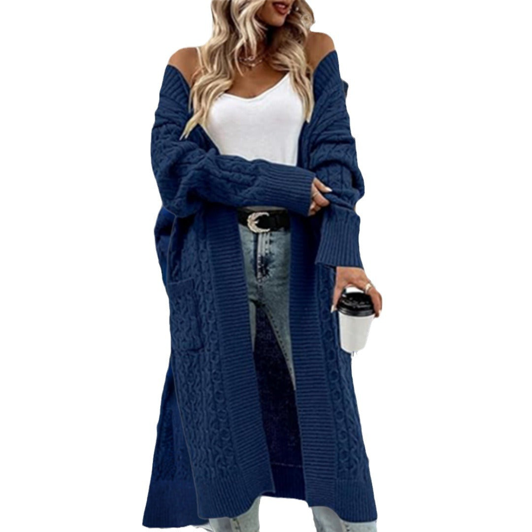Damen Strickmantel mit modischen Zopfmuster und tiefen Taschen EB