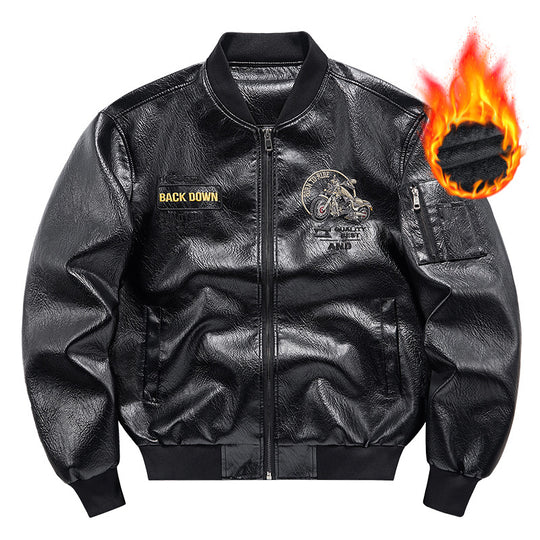 Herren Biker Lederimitat Bomberjacke mit Stickpatches und Ärmeltasche EB