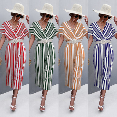 Damen eleganter Jumpsuit mit V-Ausschnitt, breiten Ärmeln und anisstreifendem Design EB