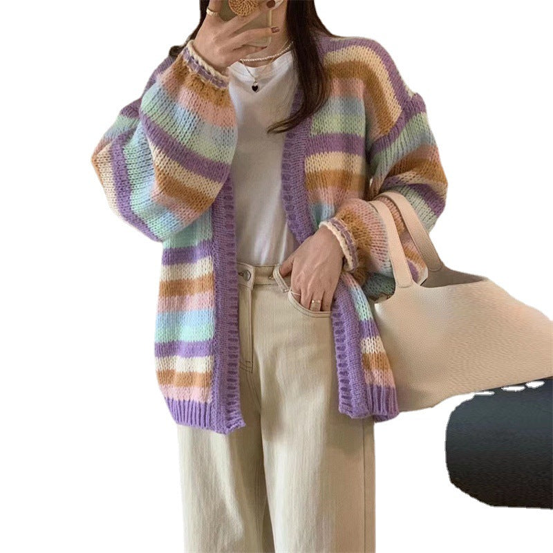 Damen Gemütlicher Strickcardigan mit buntem Streifenmuster und weitem Schnitt EB