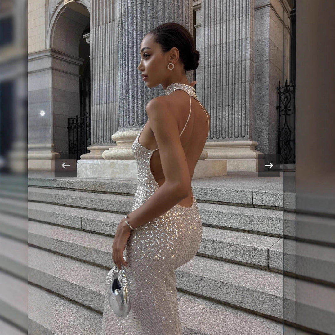 Damen glamouröses Langkleid mit funkelndem Paillettenbesatz EB