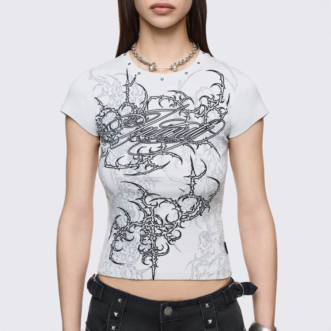 Damen Figurbetontes Kurzarm-T-Shirt mit Grafischem Design EB