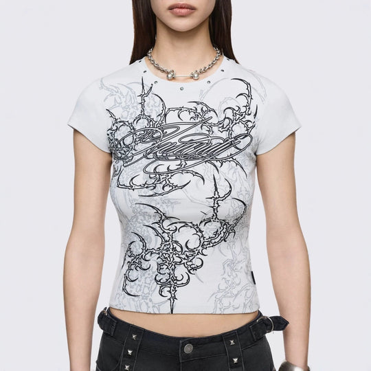 Damen Figurbetontes Kurzarm-T-Shirt mit Grafischem Design EB