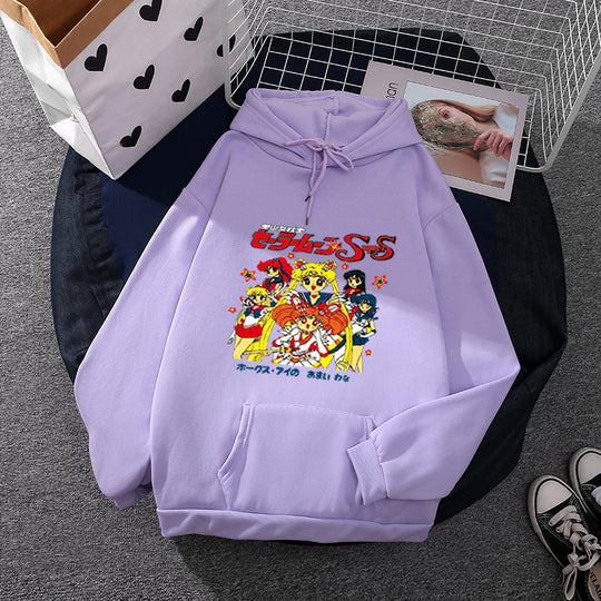 Damen nan Oversize-Kapuzenpullover mit gerautem Fleecefutter, Retro‑Anime‑Print und Kängurutasche EB