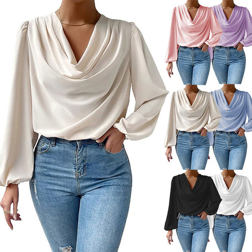 Damen elegante Bluse mit asymmetrischem Halsansatz und langen Ärmeln EB