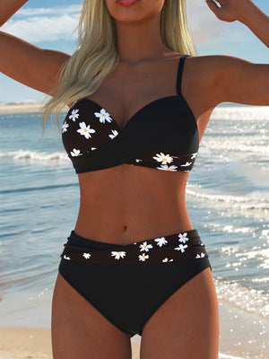 Damen Badeanzug Set mit modischem Blumendruck und hoher Taille EB