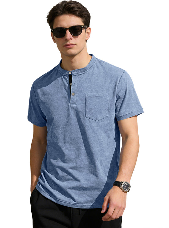 Herren nan strukturiertes Baumwoll-Henleyshirt mit kurzem Stehkragen Knopfleiste und Brusttasche EB