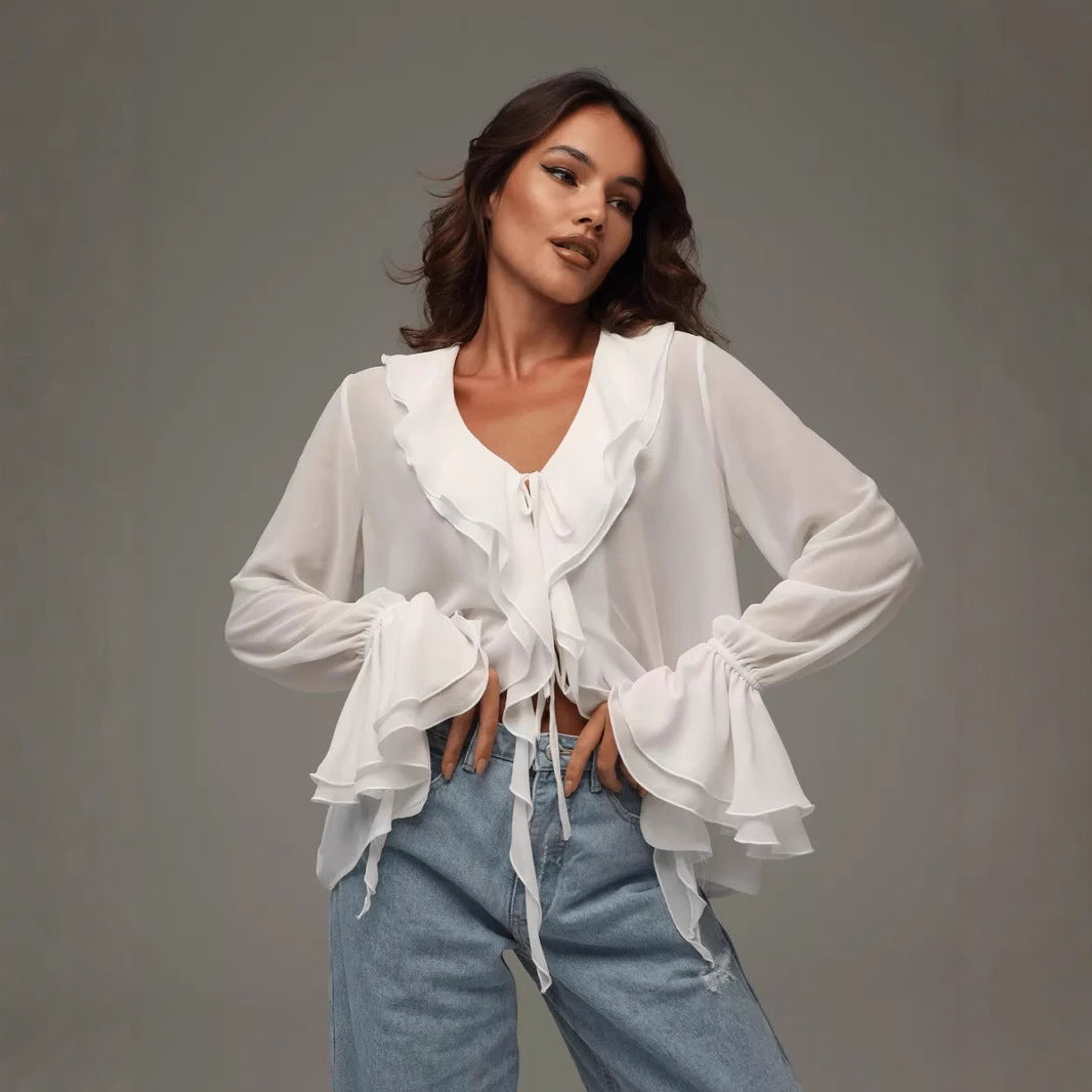 Damen leichtes Chiffon-Blusenshirt mit Rüschen und Kordelzug EB