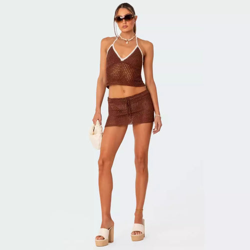 Damen gehäkeltes Strand-Outfit mit verstellbarem Oberteil und Shorts EB