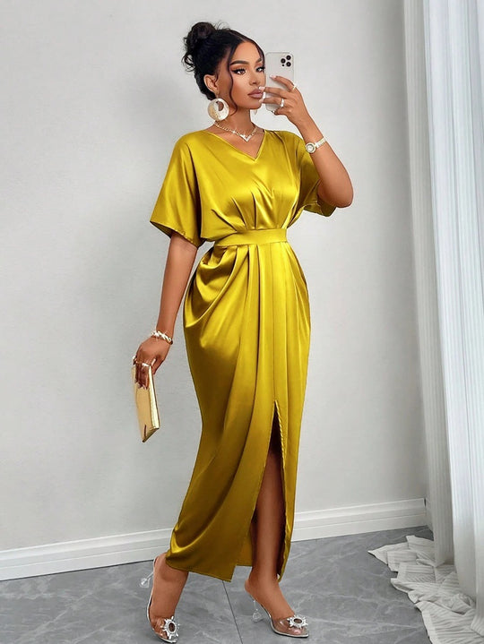 Damen Midikleid mit elegantem V-Ausschnitt und seitlichem Schlitz EB