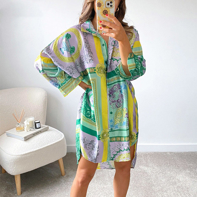 Damen stylisches Oversized-Hemdkleid mit buntem Muster und weit geschnittenen Ärmeln EB