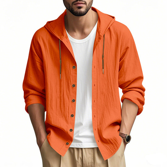 Herren nan leichtes Kapuzenhemdjacke aus Leinenoptik mit durchgehender Knopfleiste EB