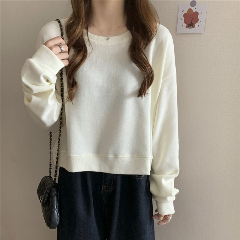 Damen lässiger cropped Pullover aus weichem Baumwollmix mit modischem Rundhalsausschnitt EB