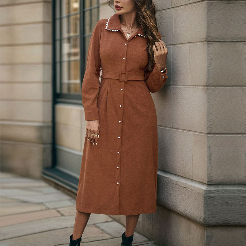 Damen Elegantes Maxikleid mit Knopfverschluss und Taillengürtel EB