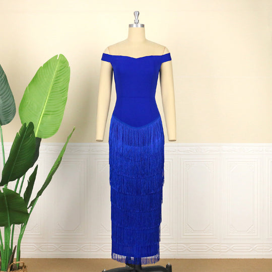 Damen glamouröses Abendkleid mit schulterfreien Rüschen und Fransen EB