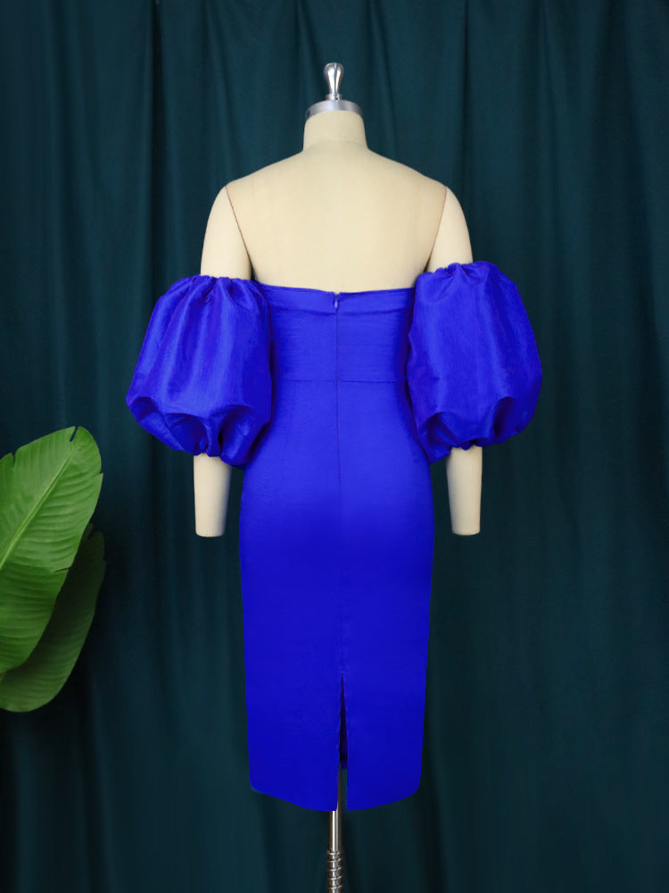 Damen figurbetontes Kleid mit schulterfreiem Design und voluminösen Puffärmeln EB