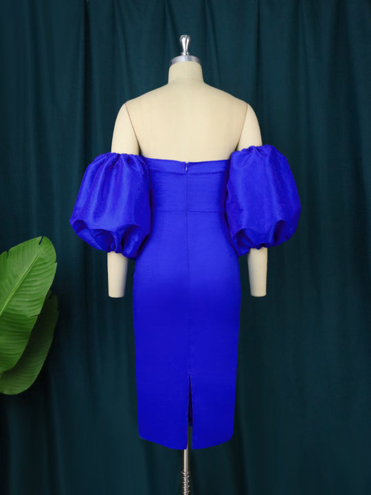 Damen figurbetontes Kleid mit schulterfreiem Design und voluminösen Puffärmeln EB