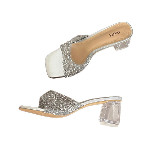 Damen Glamouröse Mules mit funkelnden Strassdetails und transparentem Blockabsatz EB