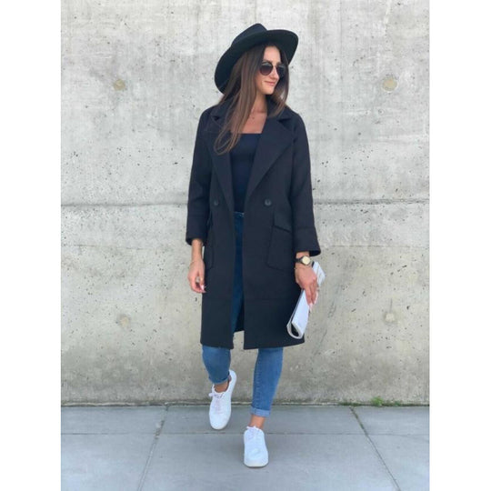 Damen Modischer Longblazer mit tiefem Revers und praktischen Taschen EB