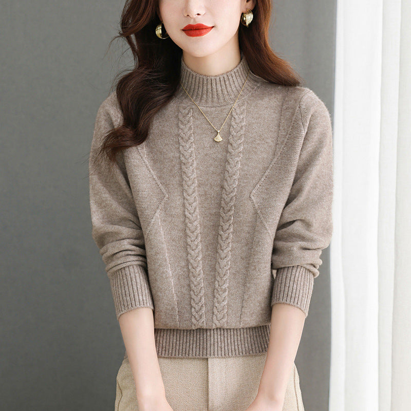 Damen Grobstrickpullover mit elegantem Zopfmuster und hohem Kragen EB