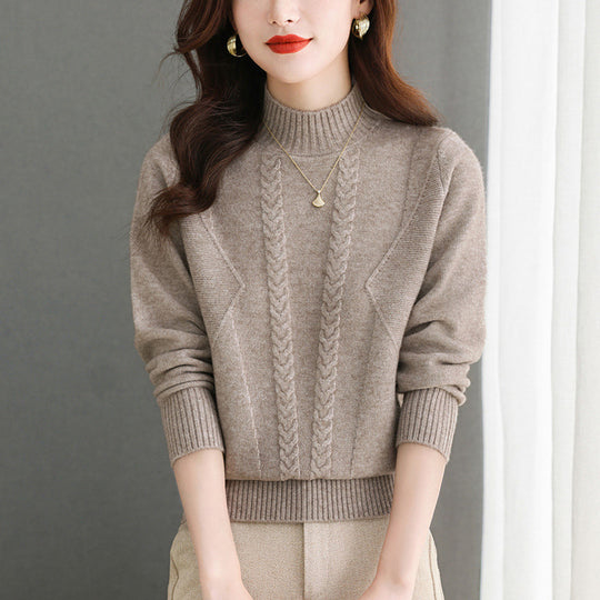 Damen Grobstrickpullover mit elegantem Zopfmuster und hohem Kragen EB