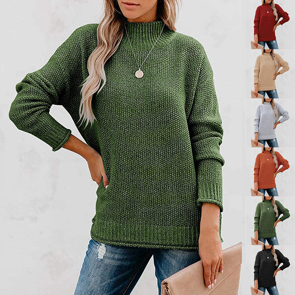 Damen Grobstrickpullover mit hohem Kragen und lässigem Schnitt EB