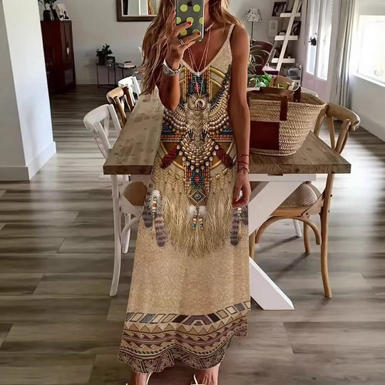 Damen Maxikleid mit künstlerischem tribal Design und fließendem Schnitt EB