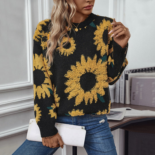 Damen kuscheliger Pullover mit Sonnenblumenmotiv EB